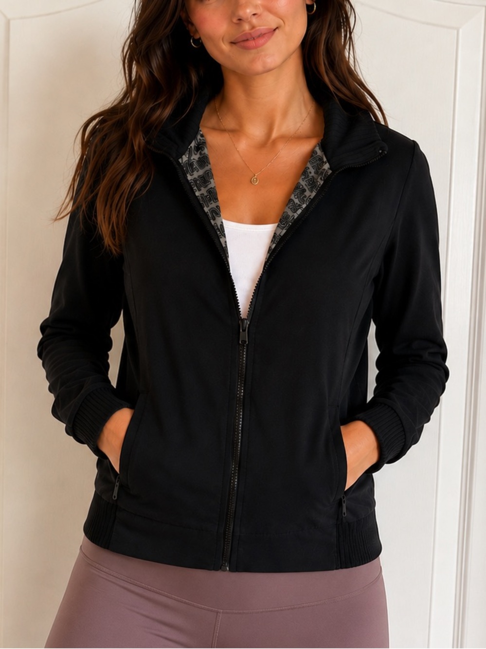 Lululemon Vintage Black Full Zip Ribbed Collar Logo Lining Jacket
